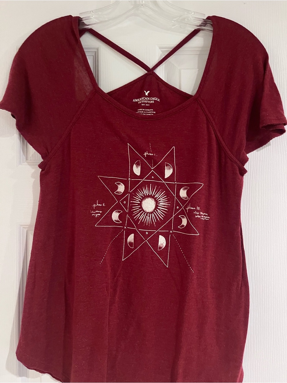 American Eagle Outfitters Burgundy Graphic Crisscross Back Tee